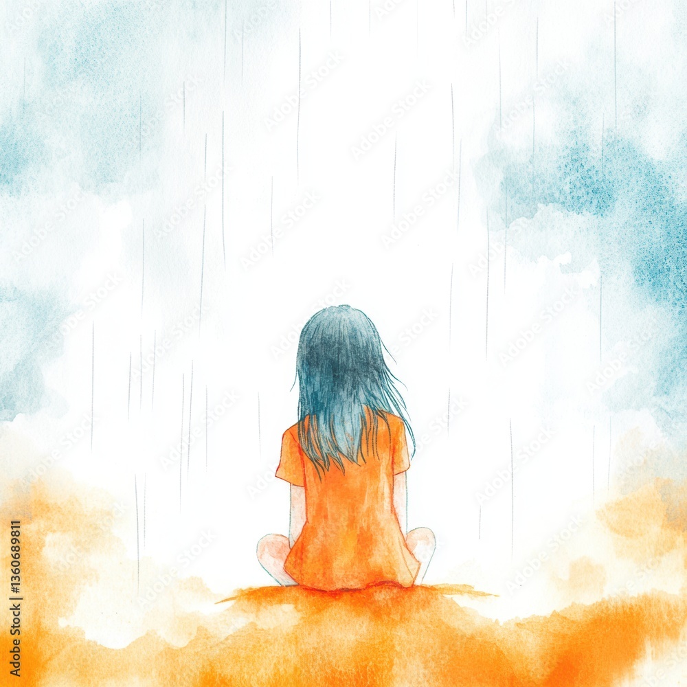 Happy child playing in rain in Spring