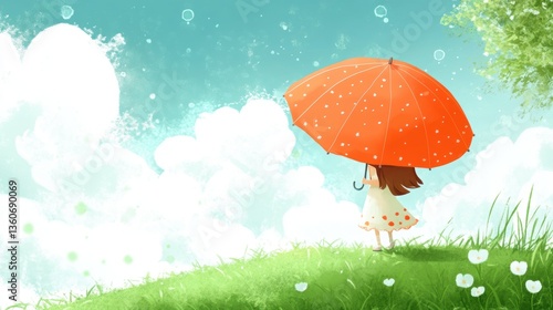 Happy child playing in rain in Spring