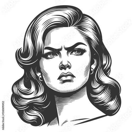 woman with an intense, skeptical look with disgust and disdain, dressed in mid-century fashion sketch engraving generative ai fictional character vector illustration. Scratch board. Black and white.