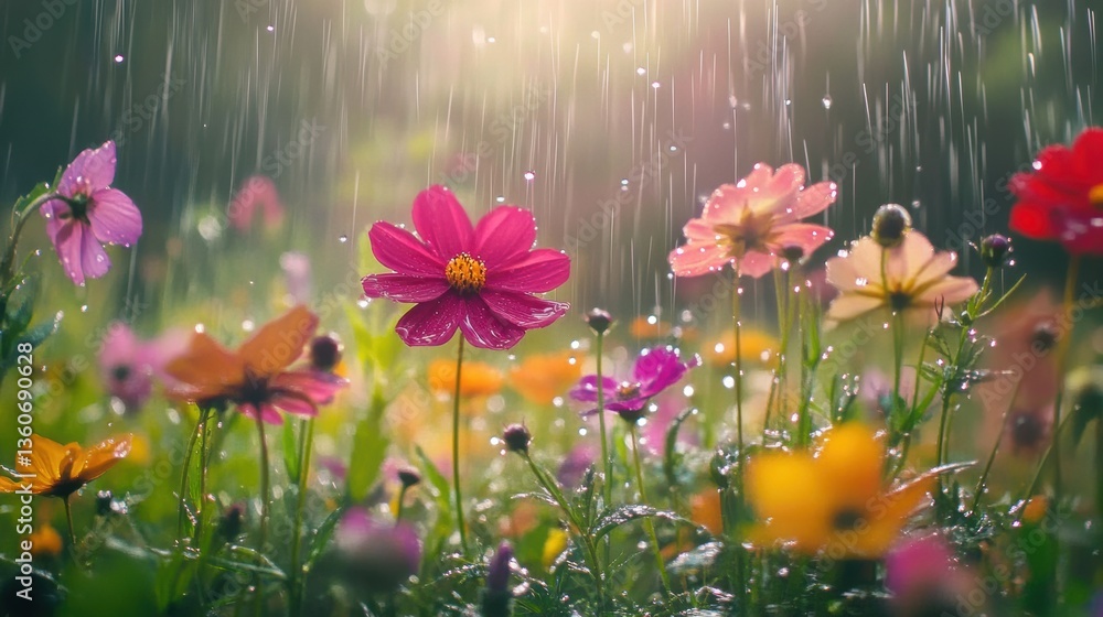 Beautiful flowers in seasonal rain in Spring