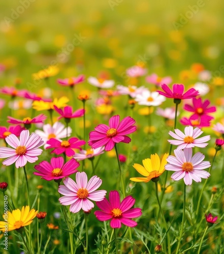Vibrant cosmos flowers blooming in a field, isolated on white, wallpaper, summer, cosmos