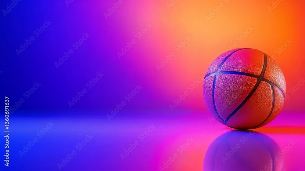 Fototapeta premium A vibrant basketball resting on a reflective surface with colorful gradient lighting in the background