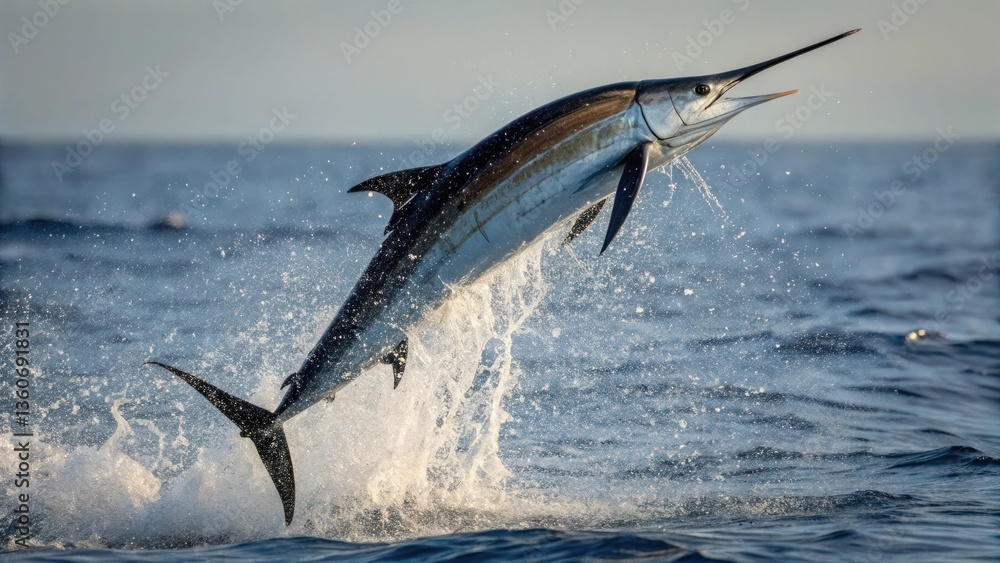 Fototapeta premium a magnificent marlin leaping out of the ocean, showcasing its impressive size and agility