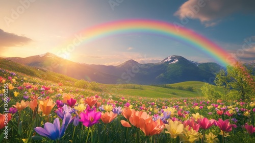 Obraz na płótnie Beautiful flowers in Spring with rainbow w salonie