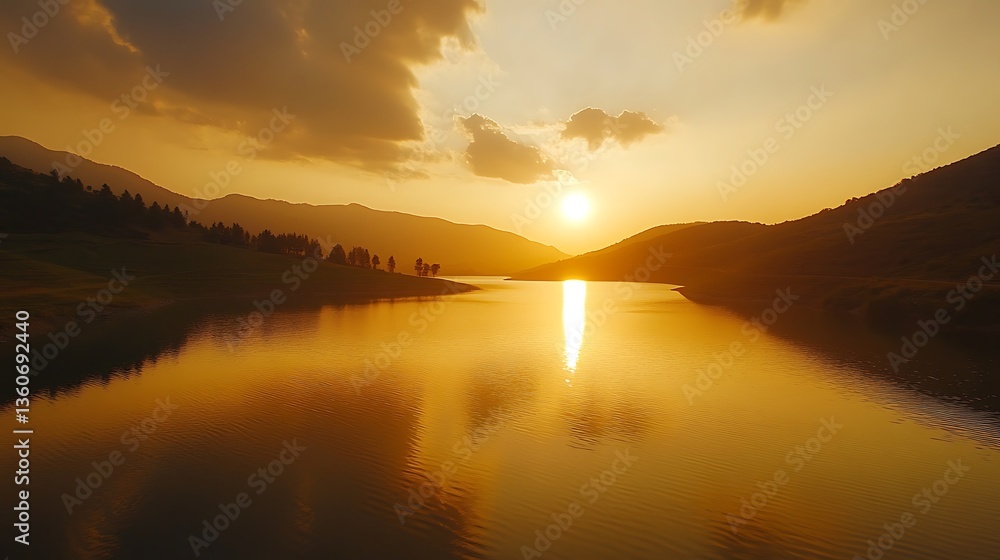 Fototapeta premium Golden sunset over calm lake reflecting sun, mountains in background.