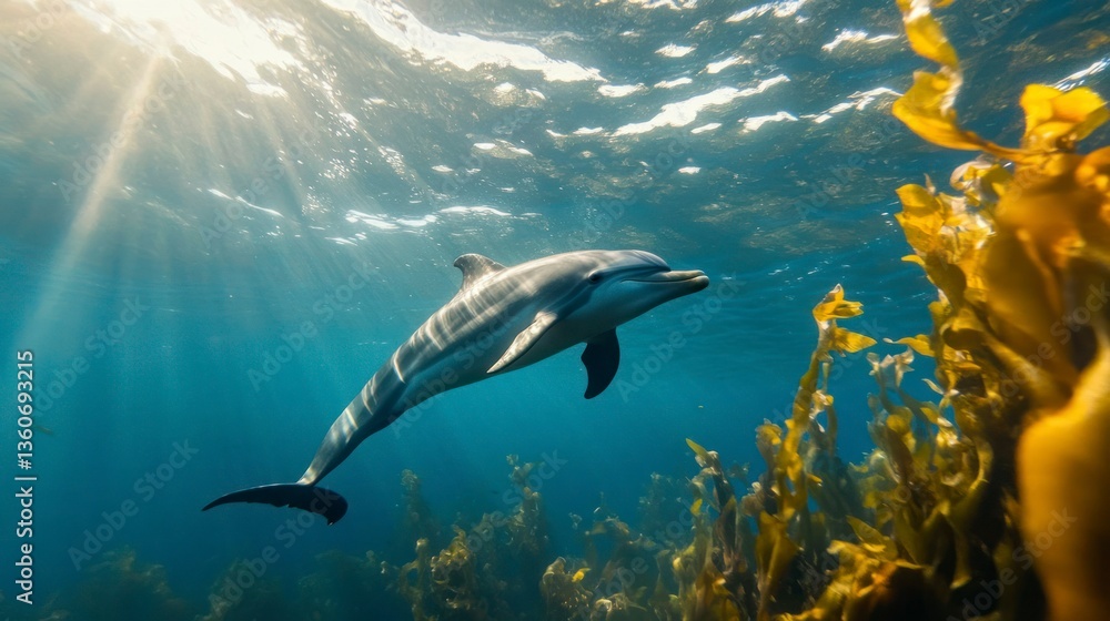 Fototapeta premium Dolphin swimming gracefully in vibrant underwater environment 