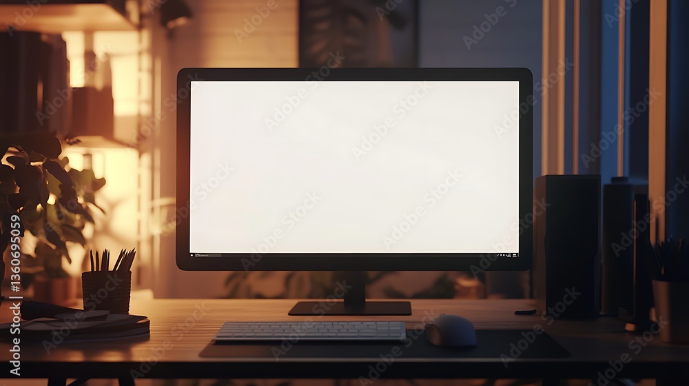 Blank screen desktop computer on wooden desk at night. Blank screen desktop computer on wooden desk at night.