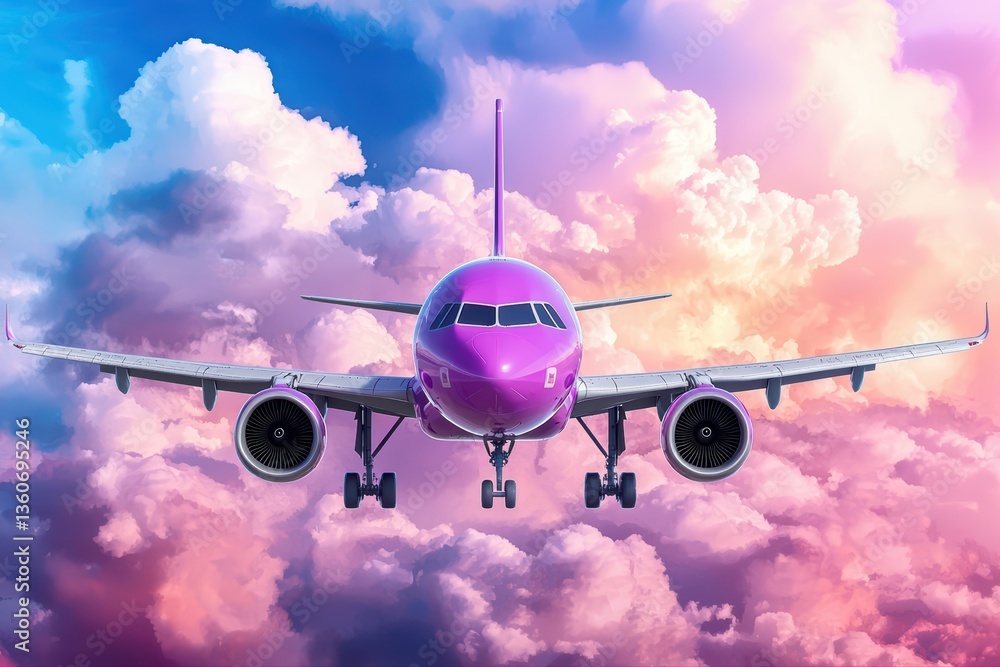 Fototapeta premium Colorful airplane in sky with vibrant clouds