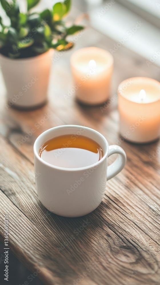 Relaxing Tea in a White Cup with Candles and Green Plant Background Relaxing Tea in a White Cup with Candles and Green Plant Background