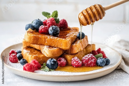 Fototapeta Naklejka Na Ścianę i Meble -  Delicious french toast with berries and honey kitchen food photography bright gourmet breakfast