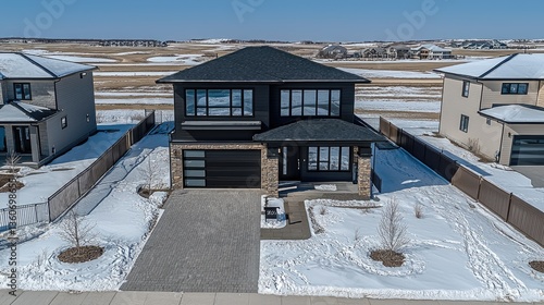 Modern house in a winter suburb. Family home, real estate, sale and rentals