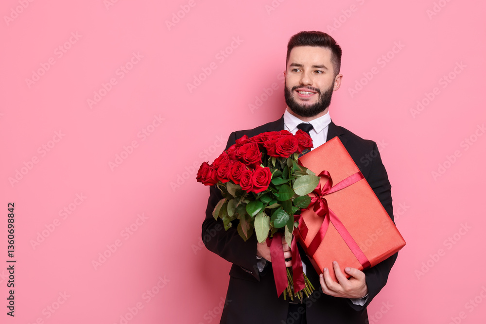 Happy man with bouquet of red roses and gift box on pink background, space for text Happy man with bouquet of red roses and gift box on pink background, space for text