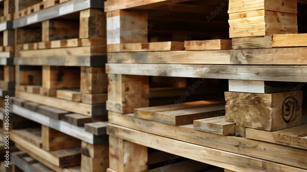 Stacked wooden pallets fill the warehouse, demonstrating an efficient storage method for goods. The sunlight streaming in highlights the wood's texture, enhancing the organized appearance Stacked wooden pallets fill the warehouse, demonstrating an efficient storage method for goods. The sunlight streaming in highlights the wood's texture, enhancing the organized appearance
