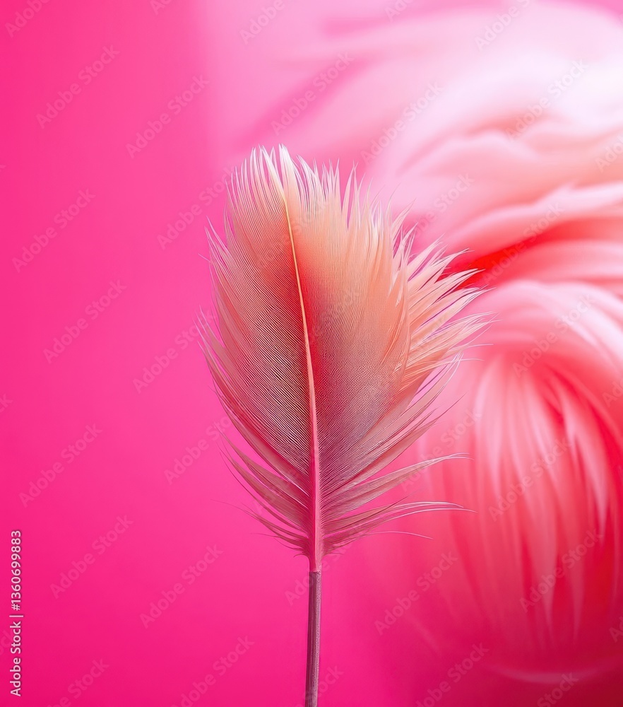 Obraz premium Single flamingo feather, vibrant pink background, soft lighting, soft, flamingo feather, single feather