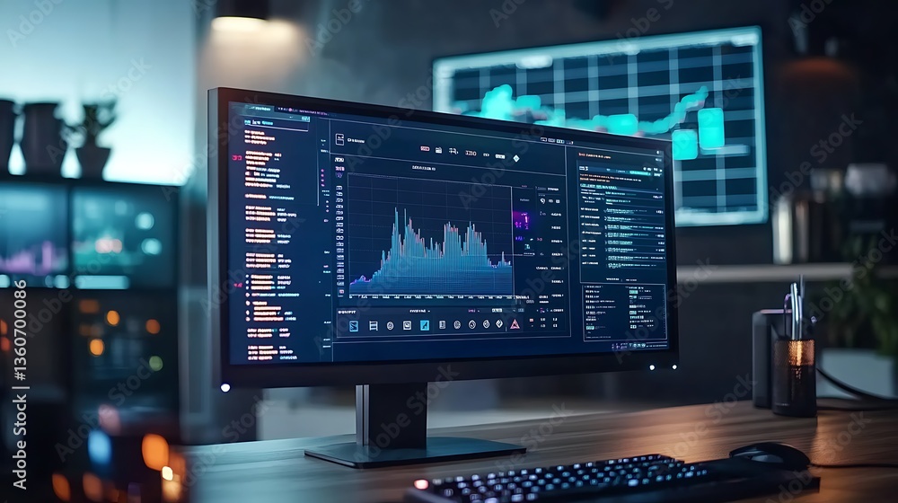 Financial data analysis on a desktop computer screen in a modern office at night. Financial data analysis on a desktop computer screen in a modern office at night.