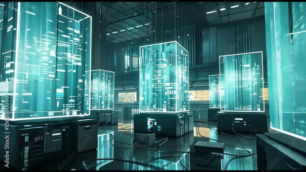 Futuristic Data Center: Cyan Glow in a Technological Haven Futuristic Data Center: Cyan Glow in a Technological Haven