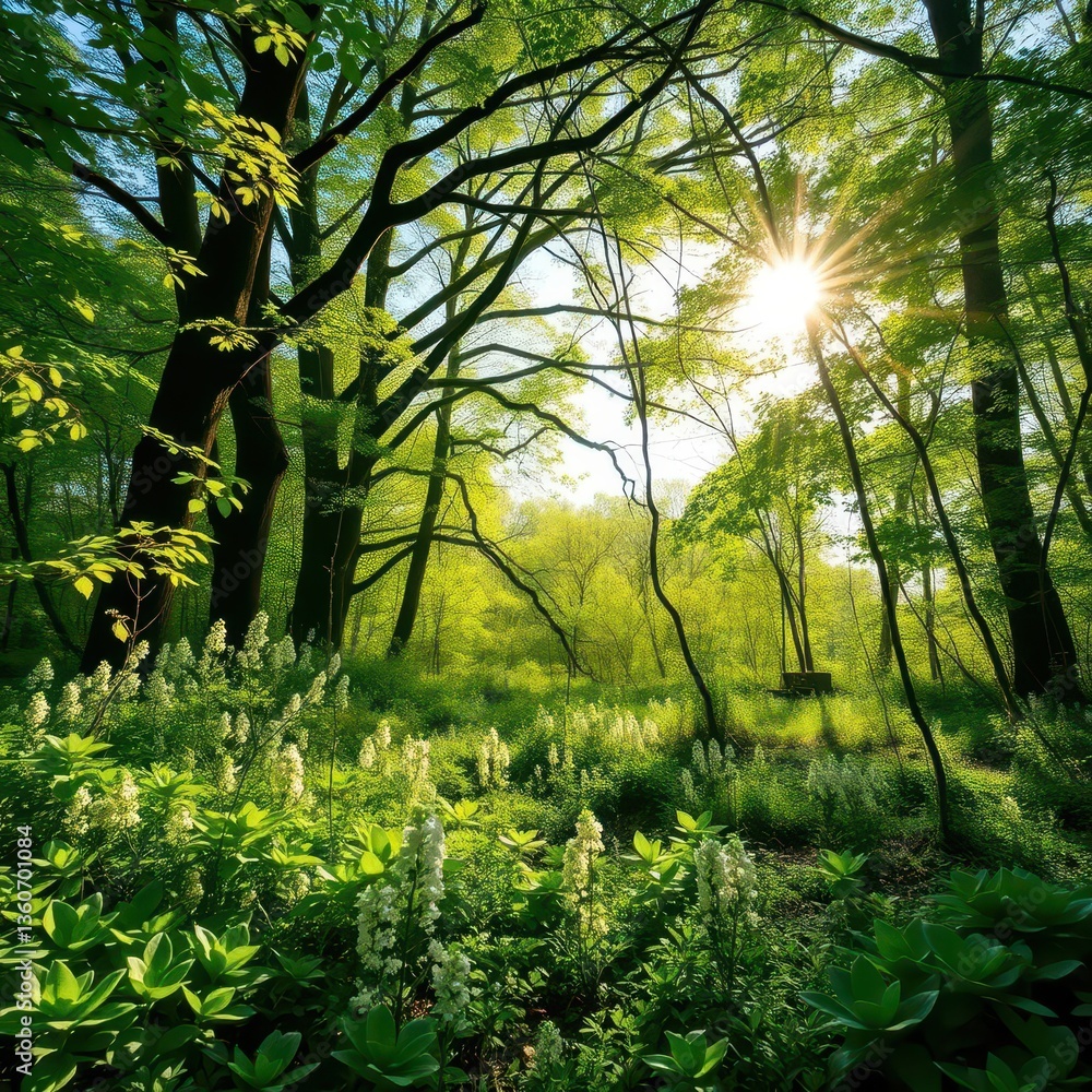 Fototapeta premium Sun-dappled English woodland floor, lush green foliage, late spring bloom, woods, shadows