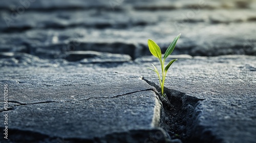 Closeup view of a tiny plant sprout growing out of hard ground.