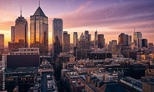 Vibrant City Skyline During Golden Hour Light Reflections On Towers And Buildings.