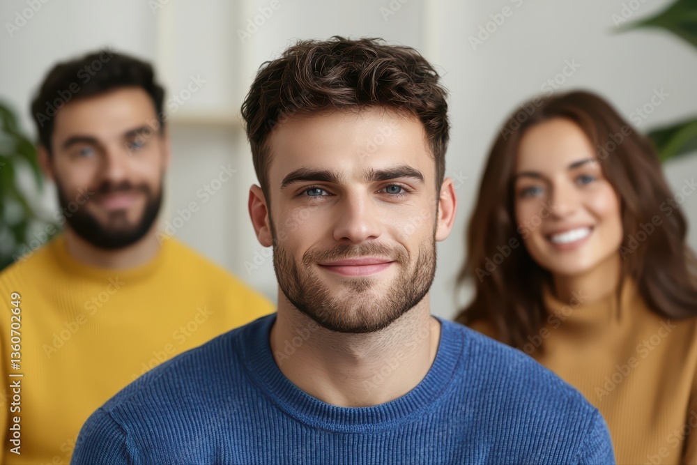 Fototapeta premium Smiling young man with friends in soft focus background