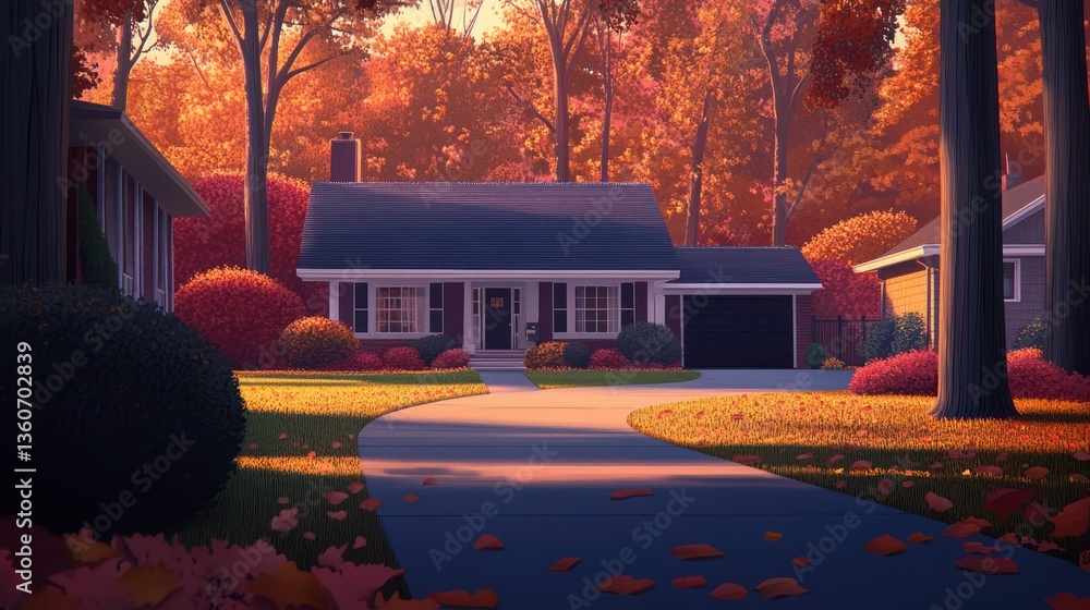 Obraz premium Autumn Suburban Home, Fall Colors, Driveway, Peaceful Scene, Perfect for Background Use