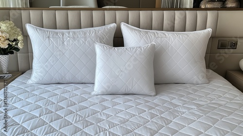 Comfortable quilted mattress pad protecting modern mattress with pillows