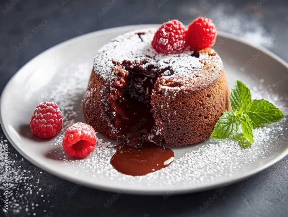 Chocolate lava cake on a white plate, molten center oozing out, dusted with powdered sugar, garnished with fresh raspberries and mint leaves, soft shadows Chocolate lava cake on a white plate, molten center oozing out, dusted with powdered sugar, garnished with fresh raspberries and mint leaves, soft shadows