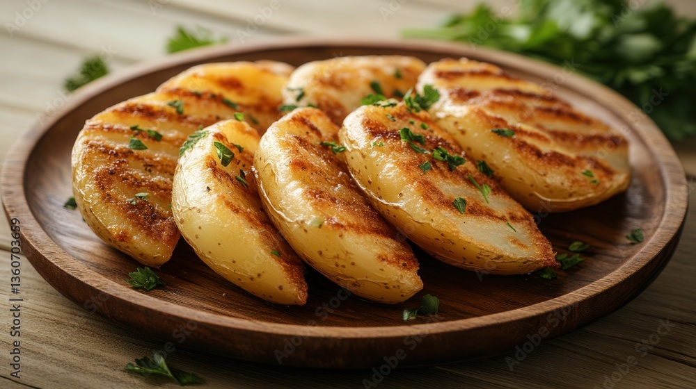 Rustic potato wedges with golden crisp edges garnished with fresh herbs on a wooden plate Rustic potato wedges with golden crisp edges garnished with fresh herbs on a wooden plate