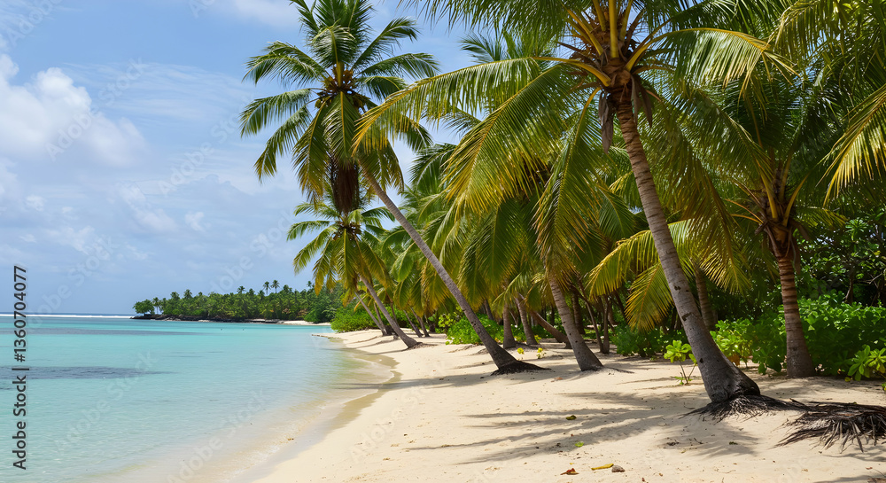 Obraz premium Tropical Beach Paradise with Palm Trees and Turquoise Water Scenery