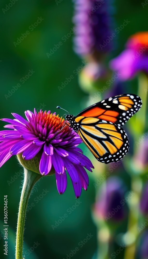 Naklejka premium A monarch butterfly delicately sipping nectar from a vibrant purple coneflower, coneflower, pollination
