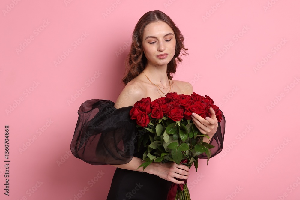 Beautiful woman with bouquet of roses on pink background Beautiful woman with bouquet of roses on pink background
