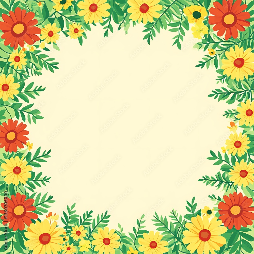 A floral border with green leaves and various colorful flowers A floral border with green leaves and various colorful flowers
