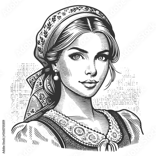 Polish woman in traditional folk attire, featuring floral headscarf, lace detail, and beaded earrings sketch engraving generative ai fictional character vector illustration. Black and white.