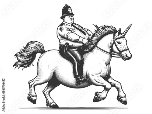 uniformed police officer riding a galloping unicorn, blending realism with fantasy in a humorous and imaginative artistic style sketch engraving generative ai vector. Scratch board. Black and white.