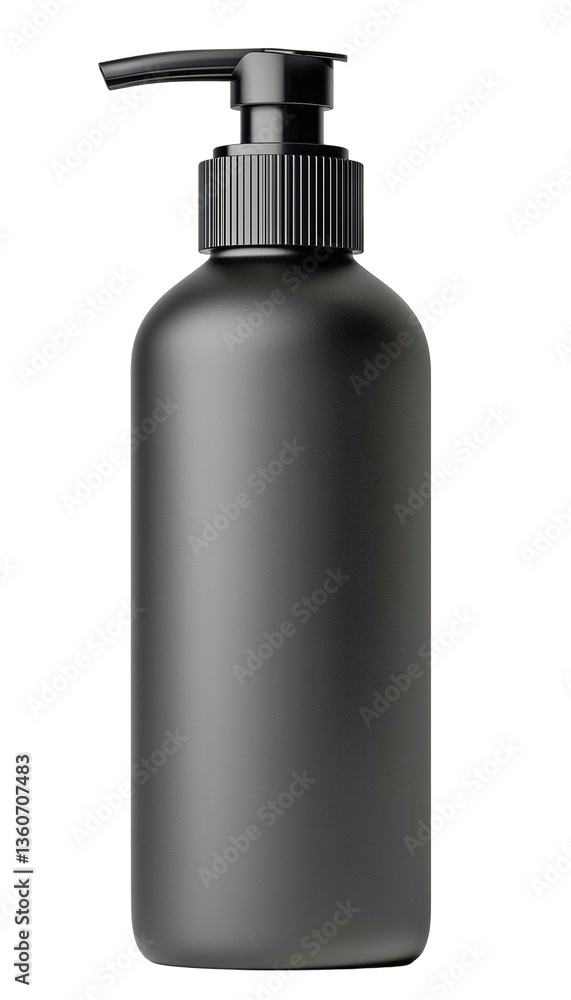Matte black pump bottle mockup front view with sleek dispenser, minimal design for cosmetic, skincare, or liquid soap packaging, isolated on transparent background for branding and commercial use Matte black pump bottle mockup front view with sleek dispenser, minimal design for cosmetic, skincare, or liquid soap packaging, isolated on transparent background for branding and commercial use