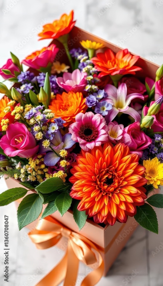 Elegant bouquet of vibrant flowers in a gift box, daisies, vibrant, lilies Elegant bouquet of vibrant flowers in a gift box, daisies, vibrant, lilies