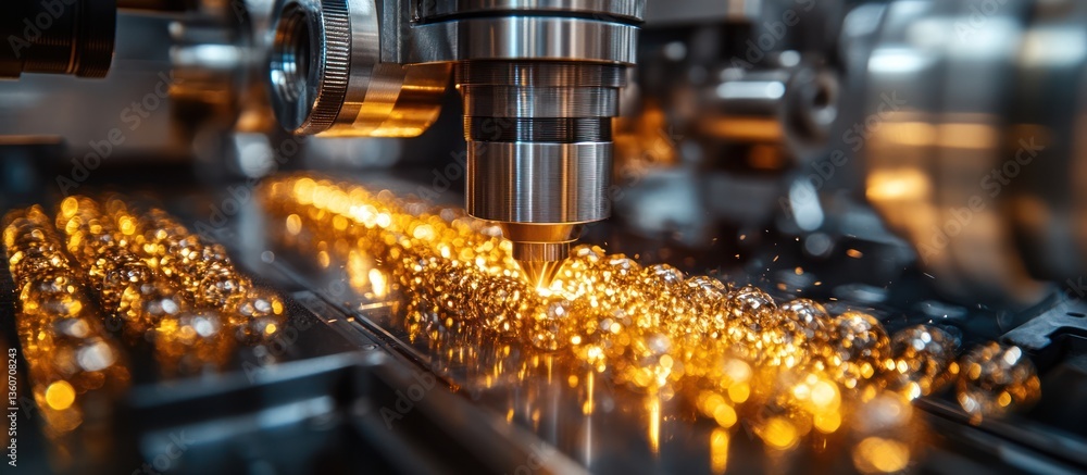 Close-up of industrial machine processing small golden spheres. Close-up of industrial machine processing small golden spheres.