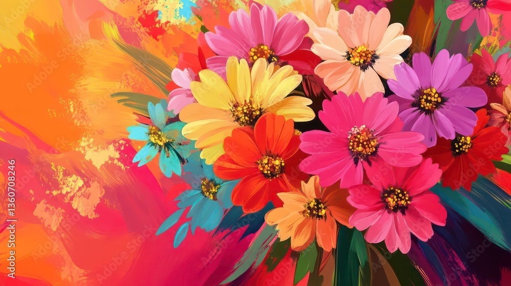 Fototapeta premium Vibrant flower bouquet illustration. Colorful blossoms in various shades. Textured palette knife strokes add depth, visual interest. Ideal for wall decor backgrounds. Design perfect for spring themes