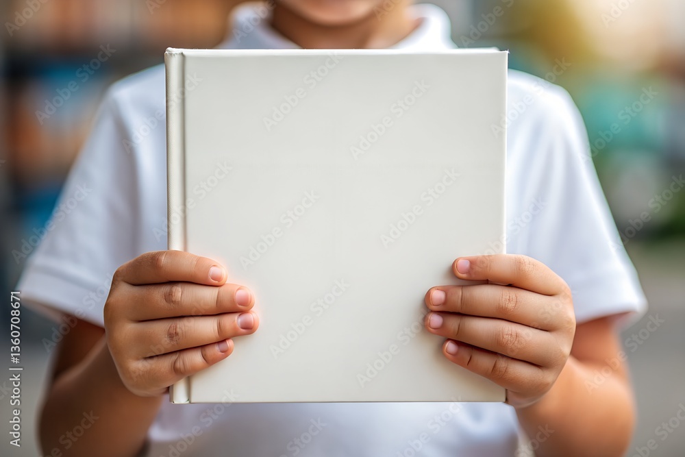 Child holding blank white book mockup. Realistic hardcover template for children's book design or editorial presentation. Child holding blank white book mockup. Realistic hardcover template for children's book design or editorial presentation.