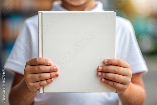 Child holding blank white book mockup. Realistic hardcover template for children's book design or editorial presentation. 