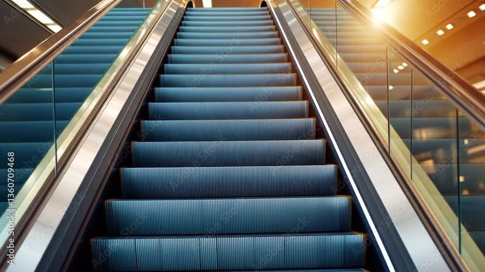 A modern escalator leading upwards in a bright, spacious shopping mall with ambient lighting A modern escalator leading upwards in a bright, spacious shopping mall with ambient lighting