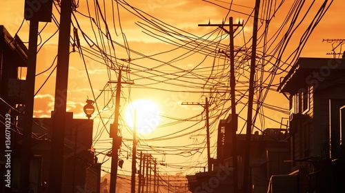 Urban sunset silhouettes with intertwined wires and vintage electricity poles