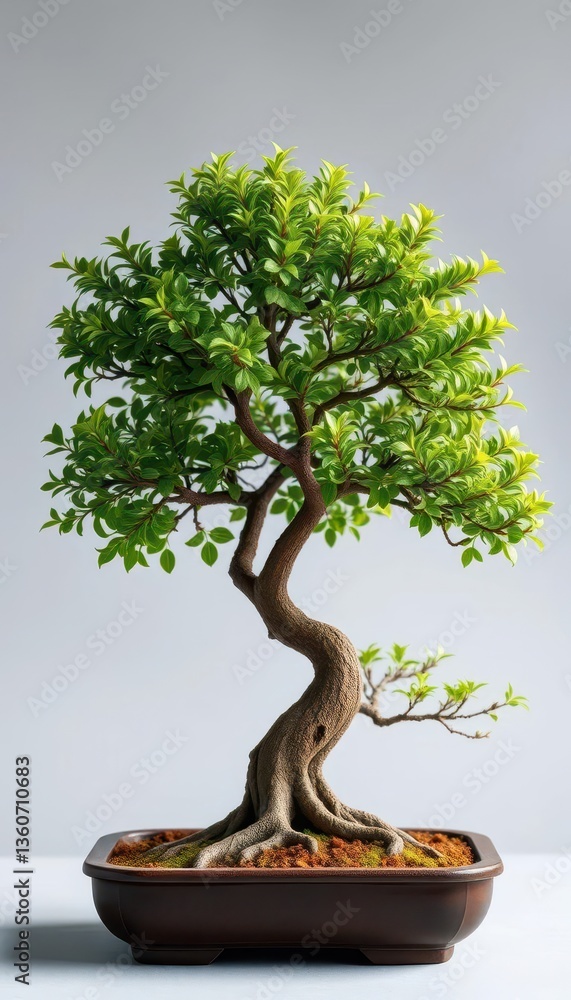 Miniature green elm bonsai, vibrant foliage, intricate branches, container, growing Miniature green elm bonsai, vibrant foliage, intricate branches, container, growing