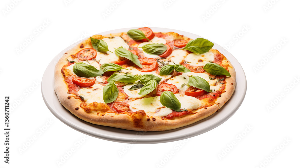A close up shot of a margherita pizza on a white plate with a black isolated backgroundisolated on transparent background	