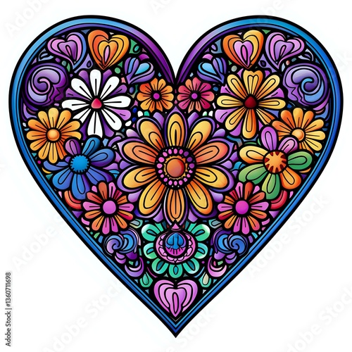 Colorful floral heart design with vibrant daisies, marigolds and decorative swirls on black background, folk art style pattern for Valentine cards and romantic decor.