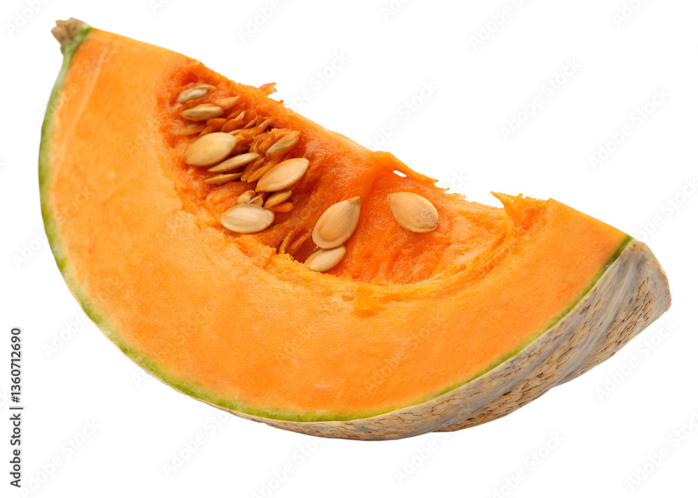 Fresh cut pumpkin slice showing seeds and vibrant orange flesh Fresh cut pumpkin slice showing seeds and vibrant orange flesh