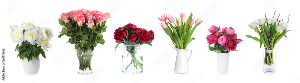 Bouquets of different beautiful flowers in vases isolated on white, set Bouquets of different beautiful flowers in vases isolated on white, set