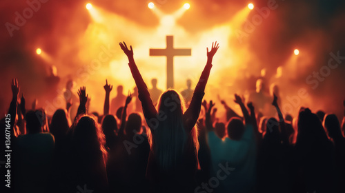 Christians Raising Their Hands in Praise and Worship at Night Music Concert
