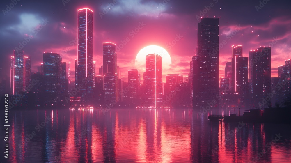 Futuristic city skyline at sunset reflected in water. Futuristic city skyline at sunset reflected in water.
