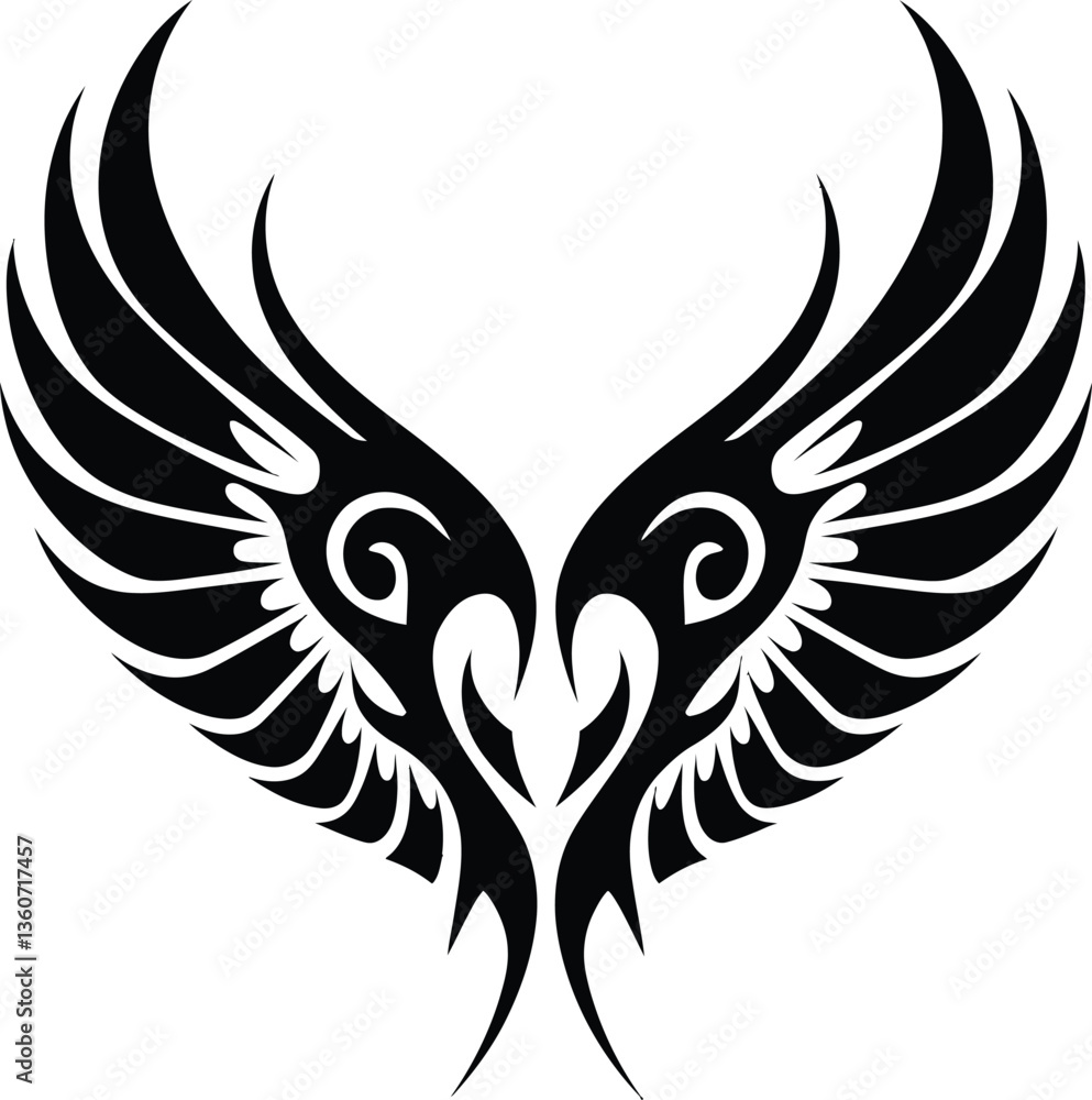 Fototapeta premium Angel feather wings Tattoo Design | Black Wing Art | vector illustration